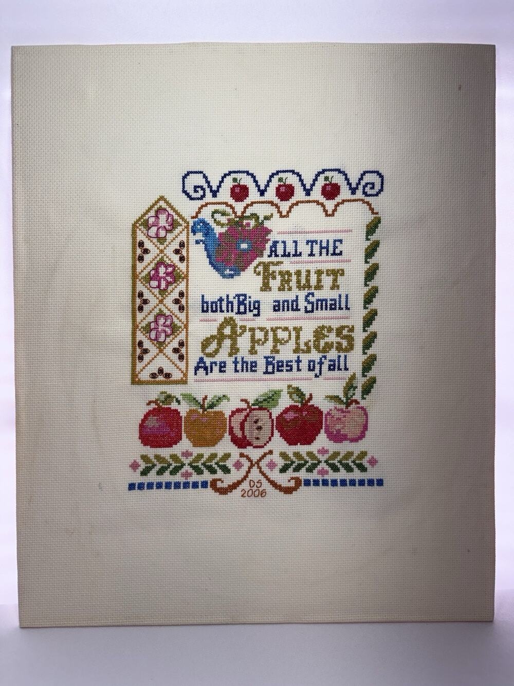Vintage Apple CrossStitch Completed Primitive School House Teacher Kitchen Decor